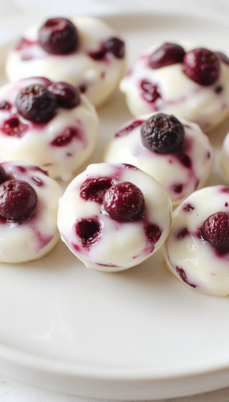 A close-up of vibrant blueberry swirl yogurt bites arranged on a white plate, showcasing their creamy texture with streaks of deep blue blueberry sauce, garnished with fresh blueberries and mint leaves, highlighting their colorful and appetizing appearance.