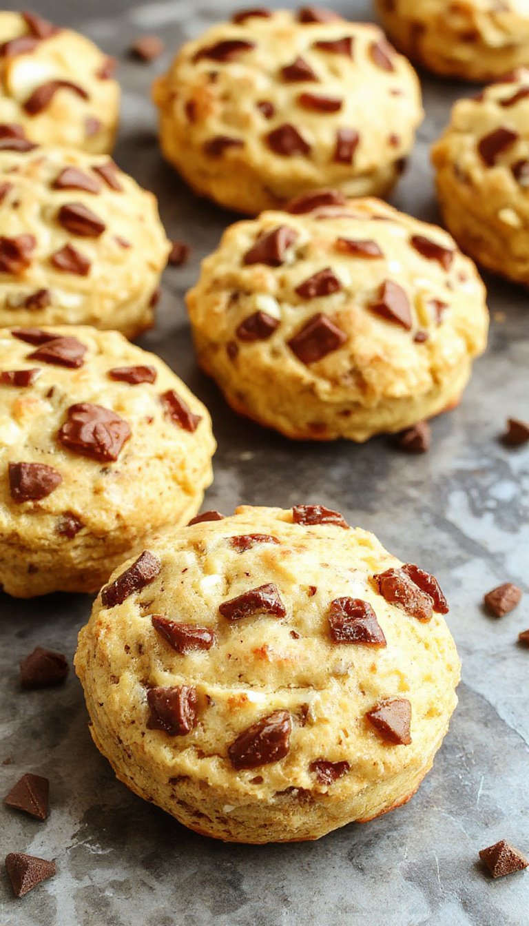 A close-up of golden-brown breakfast protein biscuits stacked on a white plate, with a few scattered around, showcasing their crispy edges and soft interior. The biscuits are garnished with a sprinkle of oats and a drizzle of honey, highlighting their homemade appeal. The background features a rustic wooden table with a glass of milk and fresh fruit, emphasizing a wholesome breakfast setting.