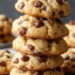 A close-up of a stack of golden-brown banana cookies with visible chocolate chips, placed on a rustic wooden surface garnished with a few banana slices and chocolate chips scattered around. The cookies have a slightly crispy edge with a soft, chewy center, showcasing their inviting texture and melt-in-your-mouth appeal.
