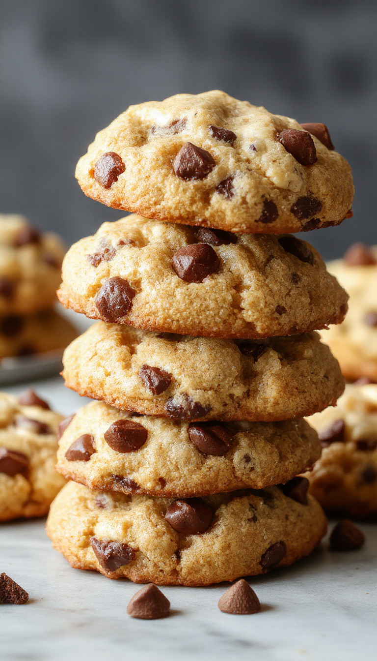 A close-up of a stack of golden-brown banana cookies with visible chocolate chips, placed on a rustic wooden surface garnished with a few banana slices and chocolate chips scattered around. The cookies have a slightly crispy edge with a soft, chewy center, showcasing their inviting texture and melt-in-your-mouth appeal.