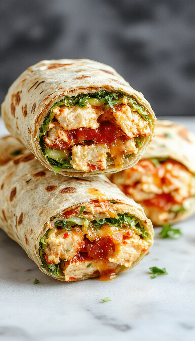 A vibrant turkey club wrap sliced in half revealing layers of sliced turkey, crispy bacon, fresh lettuce, tomato slices, and a spread wrapped in a colorful flour tortilla, neatly plated on a wooden surface.