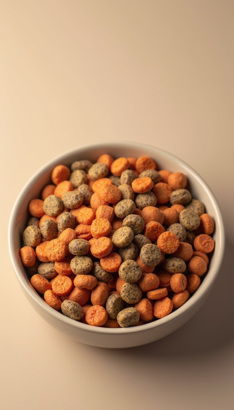 A close-up of a bowl of dog food with colorful kibble and meat chunks on a clean, neutral background, emphasizing the texture and variety of ingredients