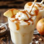 A tall glass filled with a rich, golden caramel apple cider float topped with a frothy swirl of whipped cream and a drizzle of caramel sauce. The beverage showcases warm hues of amber and apple red, with visible apple slices and a cinnamon stick garnish. The presentation is inviting, with a rustic wooden background and a sprinkle of cinnamon for added charm.