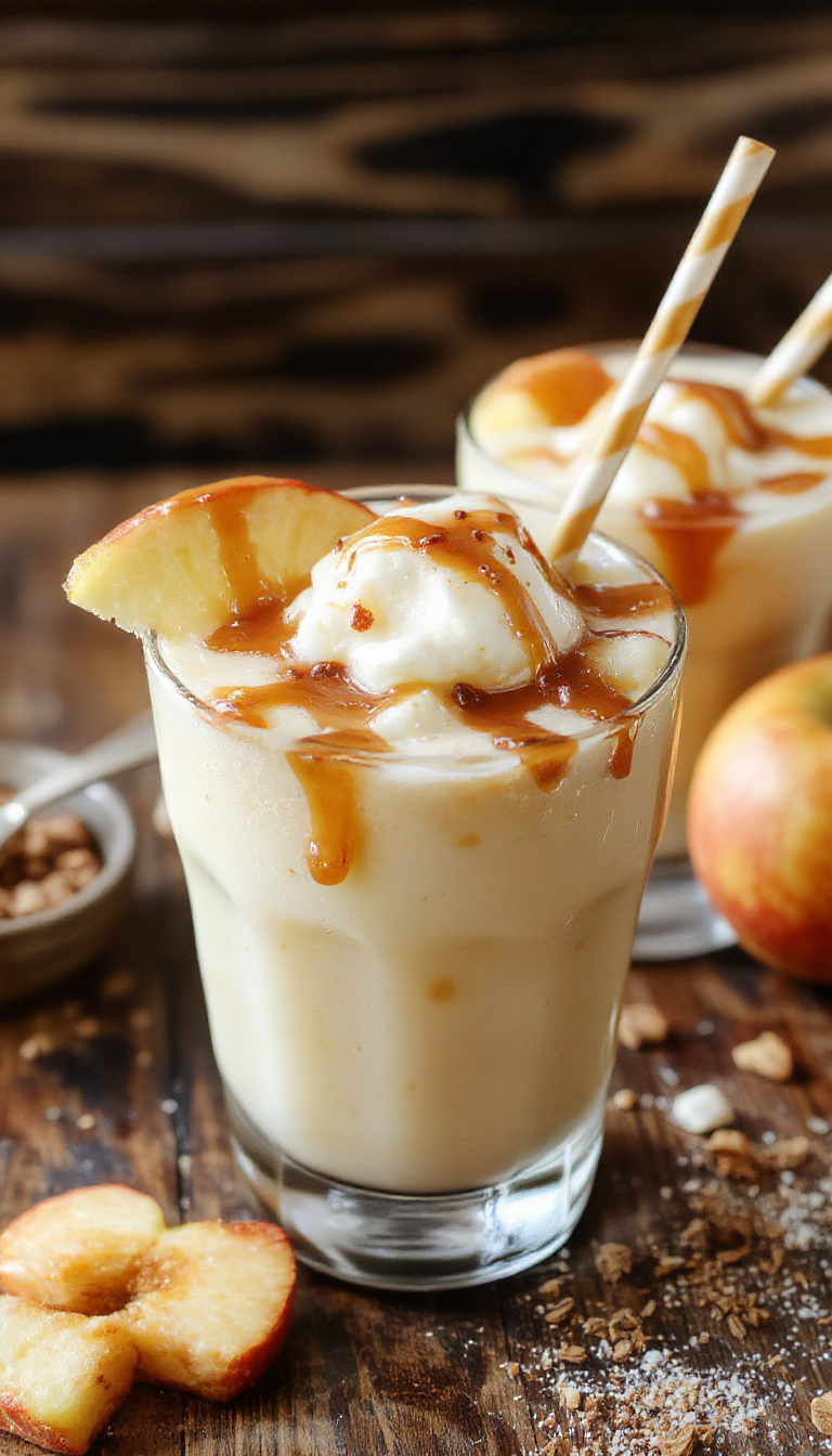 A tall glass filled with a rich, golden caramel apple cider float topped with a frothy swirl of whipped cream and a drizzle of caramel sauce. The beverage showcases warm hues of amber and apple red, with visible apple slices and a cinnamon stick garnish. The presentation is inviting, with a rustic wooden background and a sprinkle of cinnamon for added charm.
