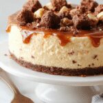 A slice of caramel brownie cheesecake on a white plate with a golden-brown crust, topped with glossy caramel sauce and swirls of melted chocolate. The dessert reveals layers of dense brownie, creamy cheesecake filling, and a caramel glaze, garnished with a drizzle of caramel and a sprinkle of crushed biscuit crumbs. The background is softly blurred, highlighting the rich textures and inviting colors of the dessert.