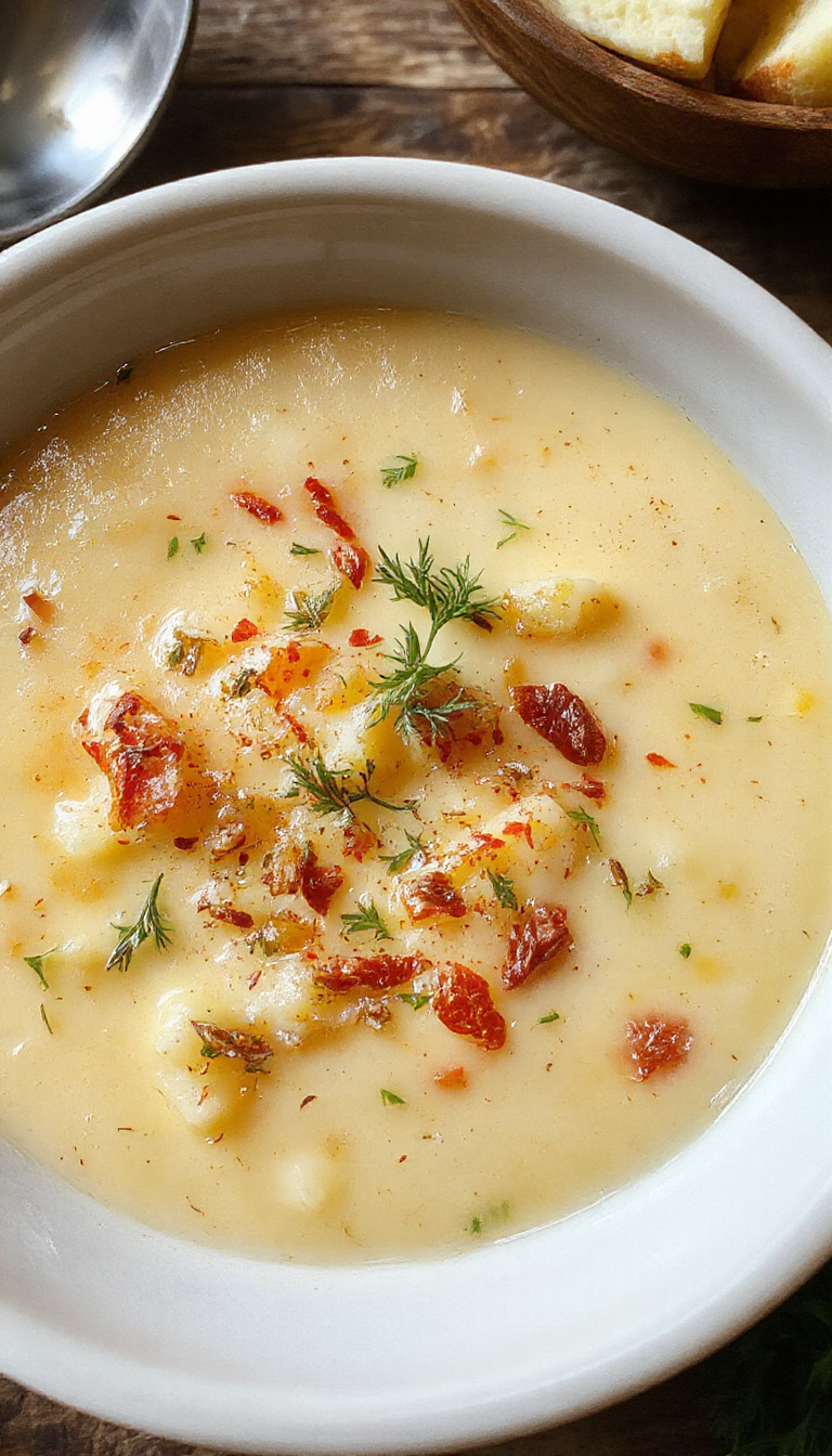 A hearty bowl of Cheddar Garlic Herb Potato Soup, showcasing a creamy, golden-yellow soup topped with shredded cheddar cheese, chopped herbs, and a drizzle of cream. The soup is presented in a rustic white bowl placed on a wooden table, with fresh garlic and herbs scattered around for garnish. The texture appears rich and velvety with visible bits of tender potatoes and melted cheese, inviting warmth and comfort.