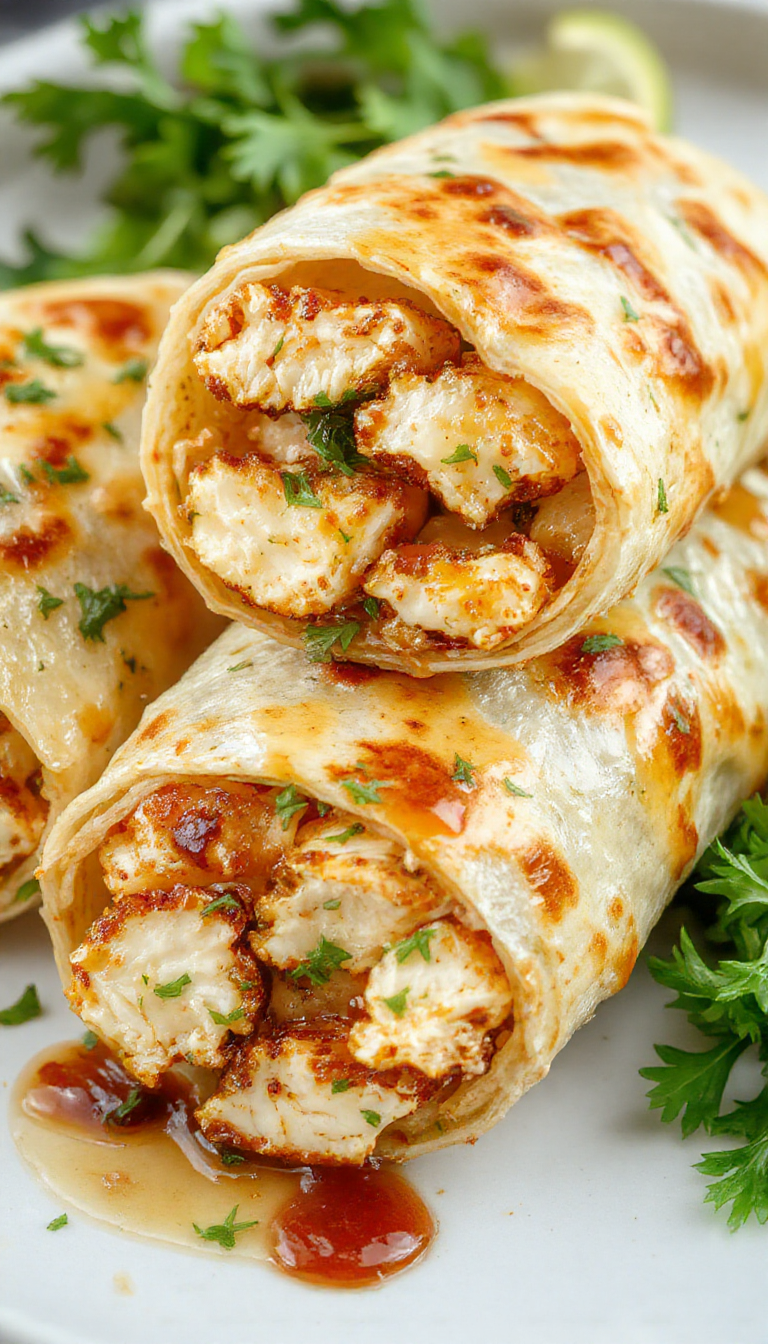 A close-up of cheesy garlic chicken wraps, showing golden-brown tortillas filled with melted cheese, sliced chicken, and fresh garlic herbs. The wraps are partially unrolled to reveal the filling, with a sprinkle of chopped green onions on top. The presentation highlights the crispy edges and gooey cheese inside, set against a rustic wooden table.
