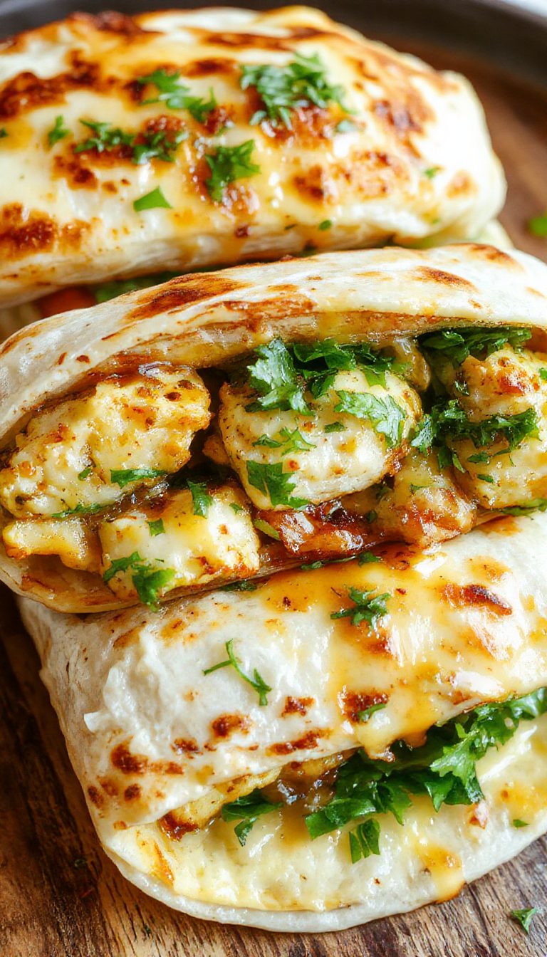 A close-up of cheesy garlic chicken wraps sliced open to reveal melted cheese, tender chicken, and crispy lettuce inside a golden-brown wrap, presented on a stylish plate with fresh herbs scattered around.