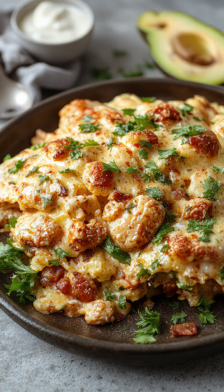 A close-up of a golden-brown chicken burrito casserole served in a rectangular dish, topped with melted cheese, fresh cilantro, and sliced jalapenos, with visible layers of seasoned chicken, beans, rice, and tortillas.