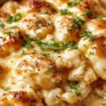 A bubbling, golden-brown Chicken Cordon Bleu Casserole served in a white ceramic dish. The casserole features layers of tender chicken, ham slices, melted cheese, and a crispy breadcrumb topping. Garnished with fresh herbs, steam rises from the hot dish, and the edges show a rich, cheesy sauce oozing slightly.