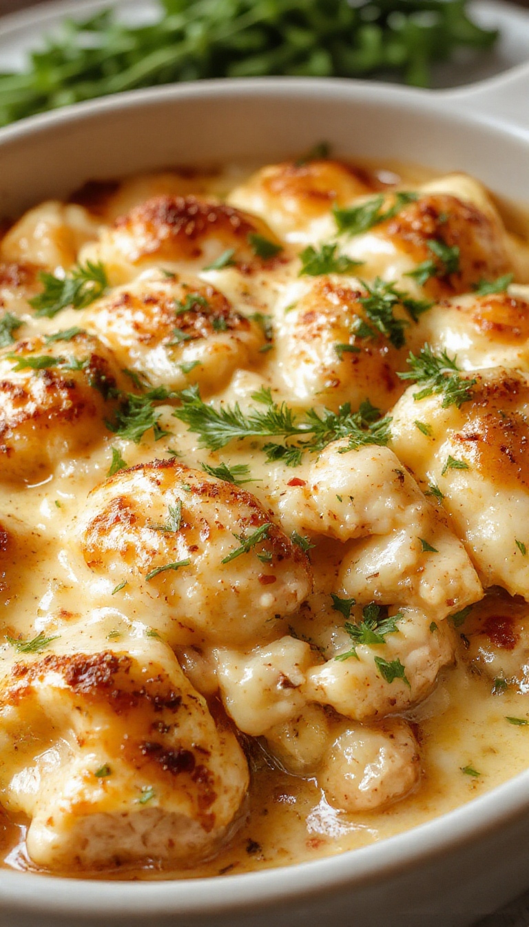 A bubbling, golden-brown Chicken Cordon Bleu Casserole served in a white ceramic dish. The casserole features layers of tender chicken, ham slices, melted cheese, and a crispy breadcrumb topping. Garnished with fresh herbs, steam rises from the hot dish, and the edges show a rich, cheesy sauce oozing slightly.