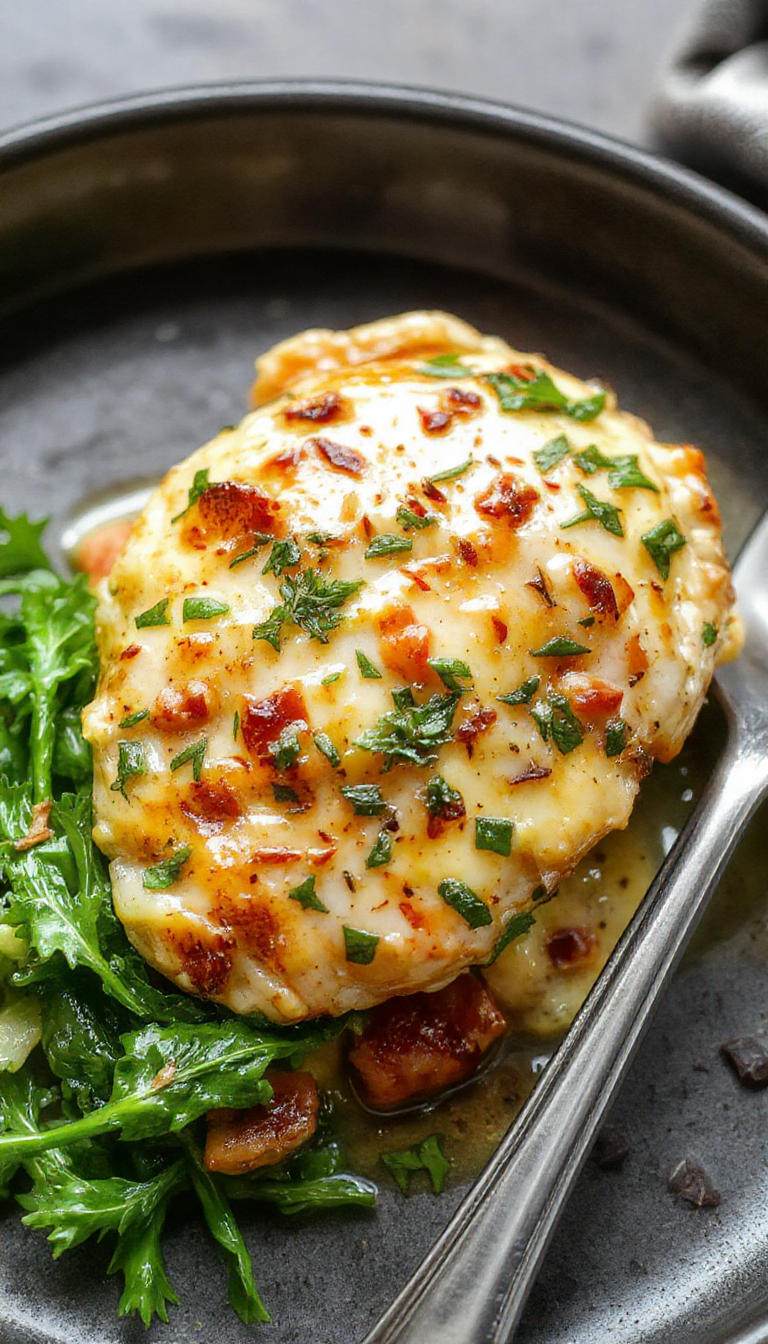 A plate of Chicken Florentine Pasta featuring tender slices of chicken breast nestled among vibrant sautéed spinach and creamy sauce, garnished with grated Parmesan and fresh herbs, presented on a rustic white plate with a golden fork beside it.