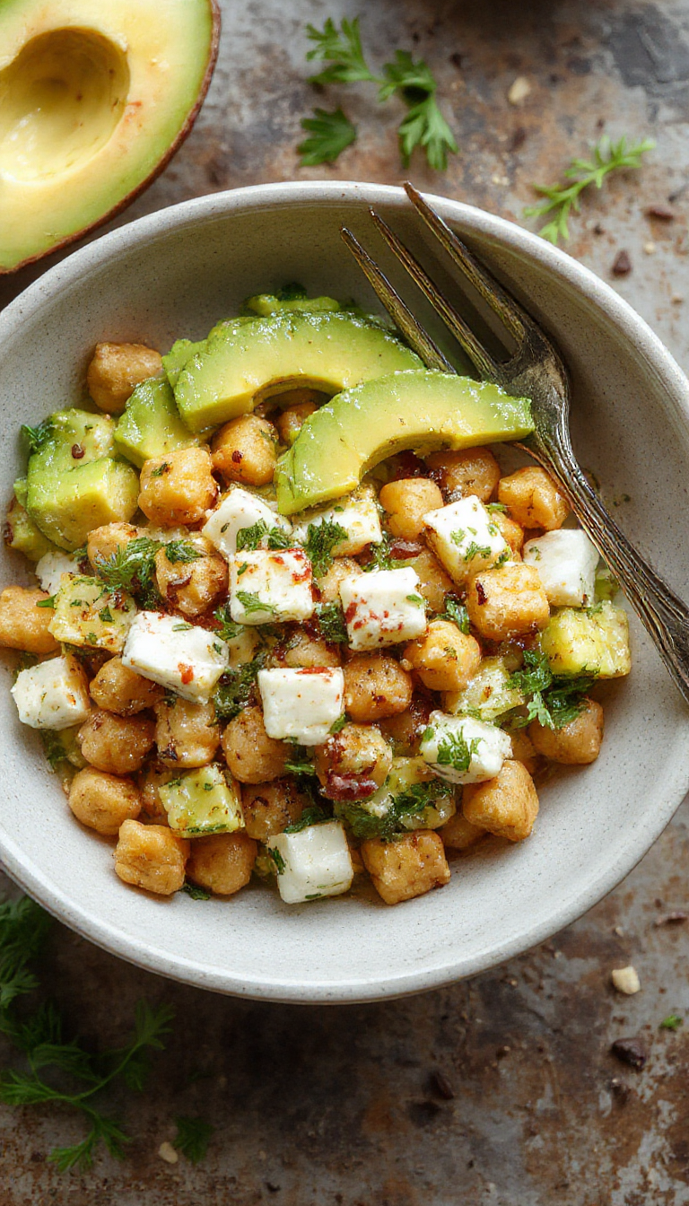 A vibrant bowl of Chickpea Feta Avocado Salad featuring creamy avocado slices, crisp chickpeas, and crumbled feta cheese, garnished with fresh herbs. The salad is arranged attractively in a white matte bowl, showcasing bright green avocado, golden chickpeas, and white feta contrasting against a light, colorful background with hints of cherry tomatoes and leafy greens.
