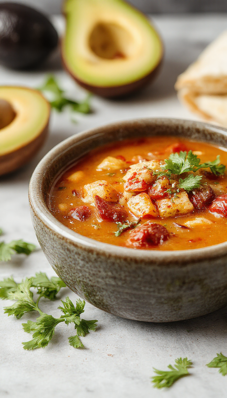A vibrant bowl of Chile Relleno Soup featuring bright red and green chili peppers submerged in a rich, creamy broth, topped with melted cheese and garnished with fresh herbs, presented on a rustic wooden table