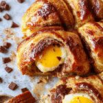 A golden-brown chocolate croissant breakfast bake topped with melted chocolate and powdered sugar, served in a glass baking dish with a crispy crust and gooey interior, garnished with fresh berries on the side.