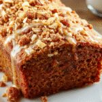 A rustic loaf of pumpkin bread with a golden-brown streusel topping, drizzled with a glossy maple glaze. The bread is sliced to reveal its moist, speckled interior with hints of pumpkin. The streusel is crumbly and crunchy, contrasting with the soft crumb, and the glaze adds a shiny finish. The bread is presented on a wooden surface with a few scattered pumpkin seeds and a cinnamon stick for fall ambiance.