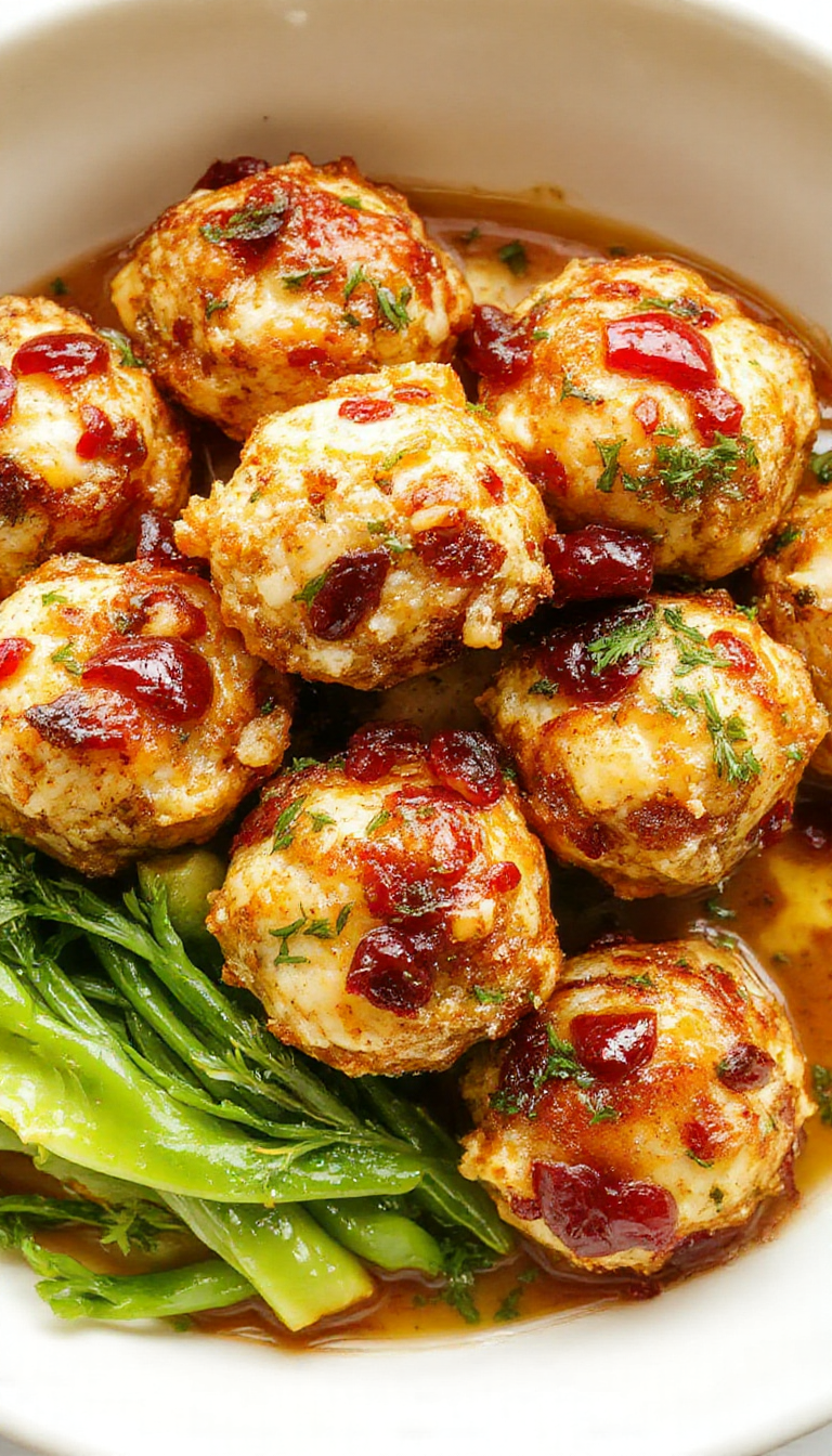 Golden brown turkey stuffing balls arranged on a rustic white plate, garnished with sprigs of fresh herbs and drizzle of cranberry sauce, with a vibrant cranberry and herb garnish in the background, close-up shot highlighting their crispy exterior and moist interior