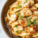 A close-up of a creamy garlic chicken pasta dish served on a white plate. The pasta is coated in a rich, smooth sauce with pieces of tender chicken. Garnished with freshly grated Parmesan cheese and chopped parsley, the dish features a golden-brown seared chicken breast sliced on top, with visible garlic and herbs in the sauce. The background includes a rustic wooden table and a fork to the side.