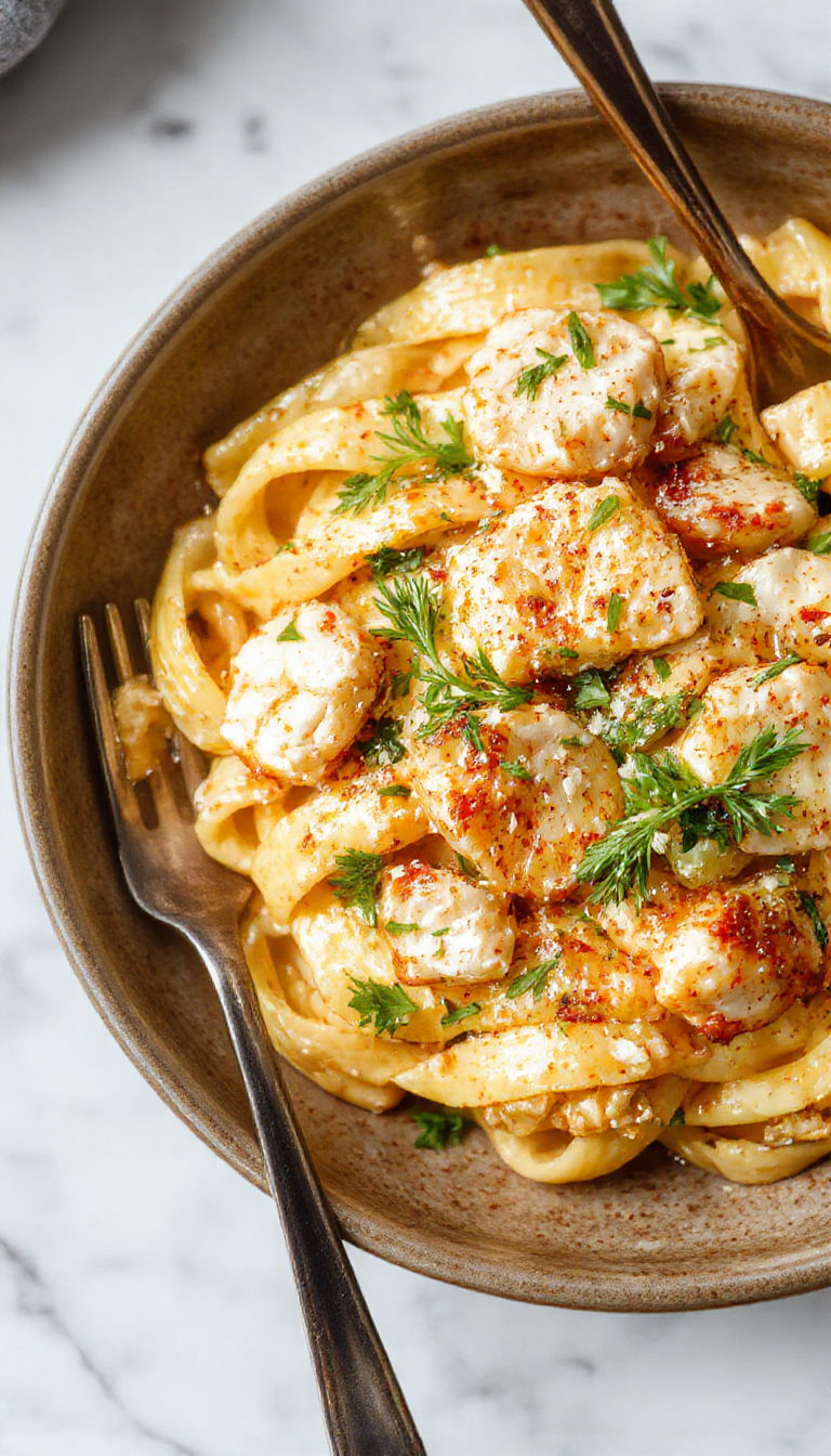 A close-up of a creamy garlic chicken pasta dish served on a white plate. The pasta is coated in a rich, smooth sauce with pieces of tender chicken. Garnished with freshly grated Parmesan cheese and chopped parsley, the dish features a golden-brown seared chicken breast sliced on top, with visible garlic and herbs in the sauce. The background includes a rustic wooden table and a fork to the side.