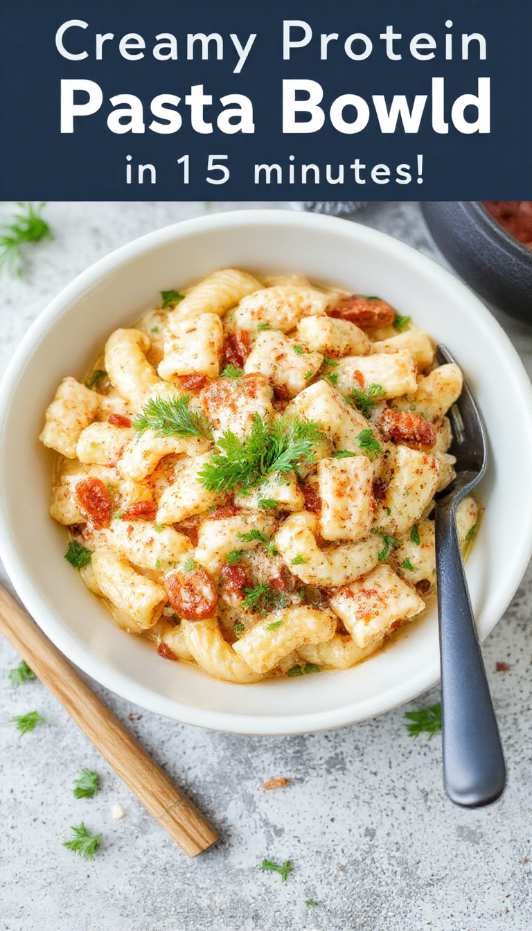 A vibrant creamy protein pasta bowl featuring al dente pasta coated in a smooth, rich sauce, topped with fresh herbs and grated cheese, presented in a stylish white bowl on a rustic wooden surface.