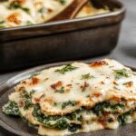 A layered lasagna dish with visible spinach and mushroom filling, topped with melted golden cheese and garnished with fresh basil, served on a rustic ceramic plate.