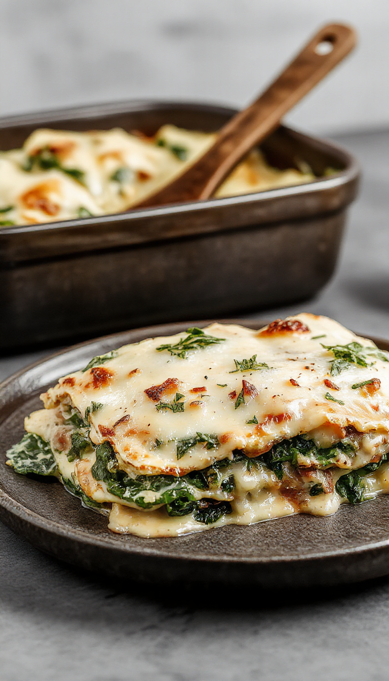 A layered lasagna dish with visible spinach and mushroom filling, topped with melted golden cheese and garnished with fresh basil, served on a rustic ceramic plate.