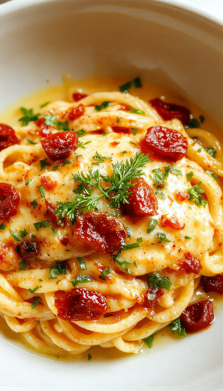 A close-up of a beige plate filled with vibrant red sun-dried tomato vegan pasta, garnished with fresh basil leaves, drizzled with a creamy sauce, and sprinkled with grated vegan cheese, all arranged artfully with a rustic wooden background.