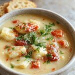 A steaming bowl of creamy Tuscan ravioli soup featuring plump ravioli floating in a rich, velvety broth, garnished with fresh basil leaves and grated Parmesan, with a rustic wooden table background and a spoon resting beside the bowl, highlighting the creamy texture and vibrant colors.