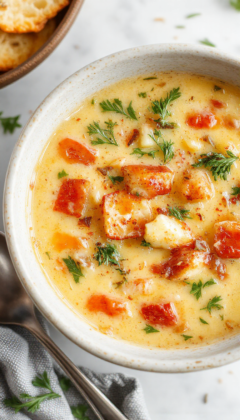 A bowl of creamy vegetable soup featuring a smooth, velvety texture with visible chunks of bright orange carrots, green peas, and diced potatoes, topped with a sprinkle of fresh herbs on a rustic wooden table. The soup has a light cream-colored base with colorful vegetable accents, served alongside a crusty bread slice.