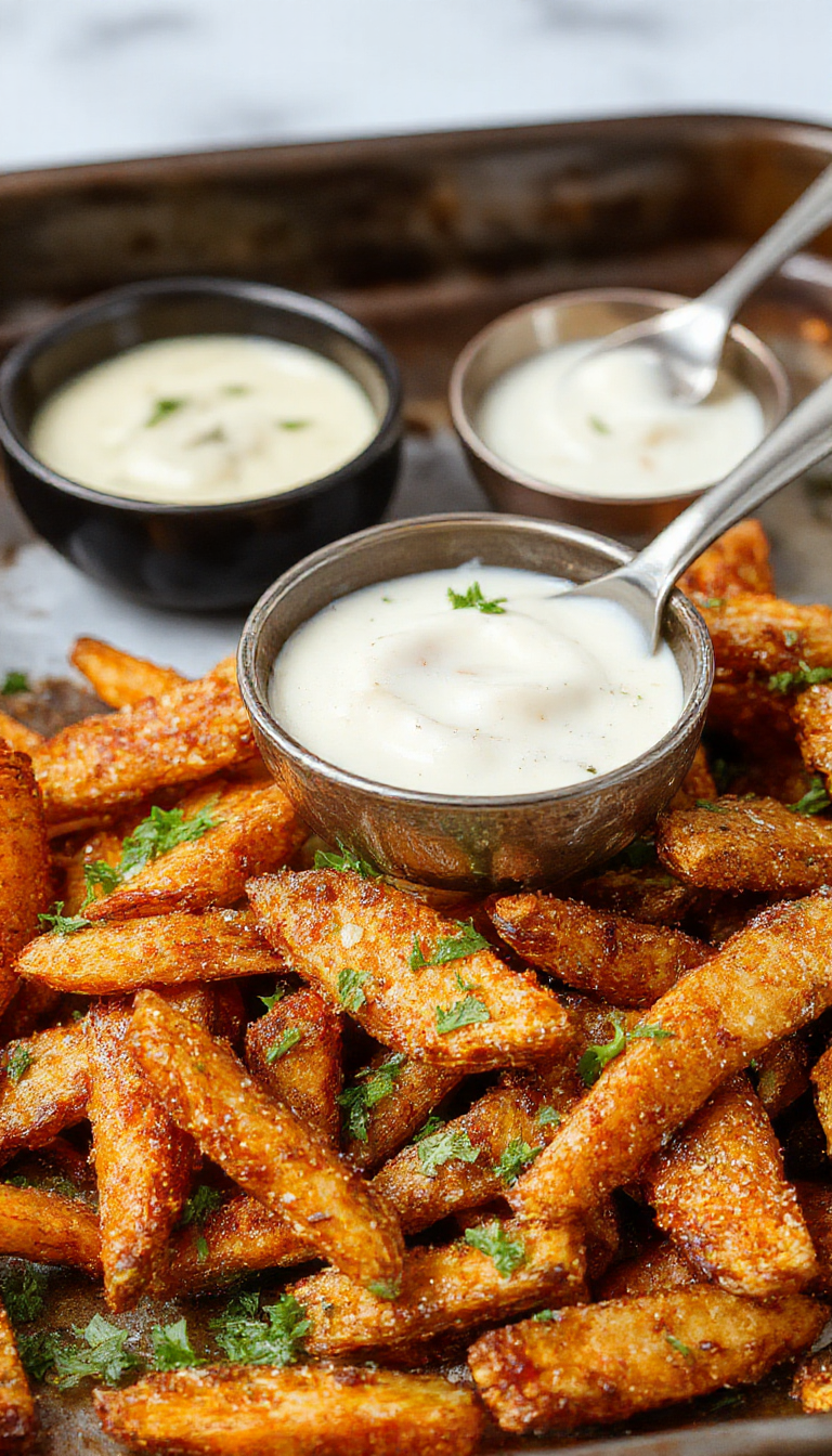 A close-up of golden-brown crispy oven-baked sweet potato fries arranged on a white ceramic plate lined with parchment paper. The fries have a slightly rough texture with visible seasoning and are garnished with fresh herbs. The background is blurred, highlighting the vibrant orange color and crispy surface of the fries, inviting a sense of crunchy texture and warm, appealing presentation.