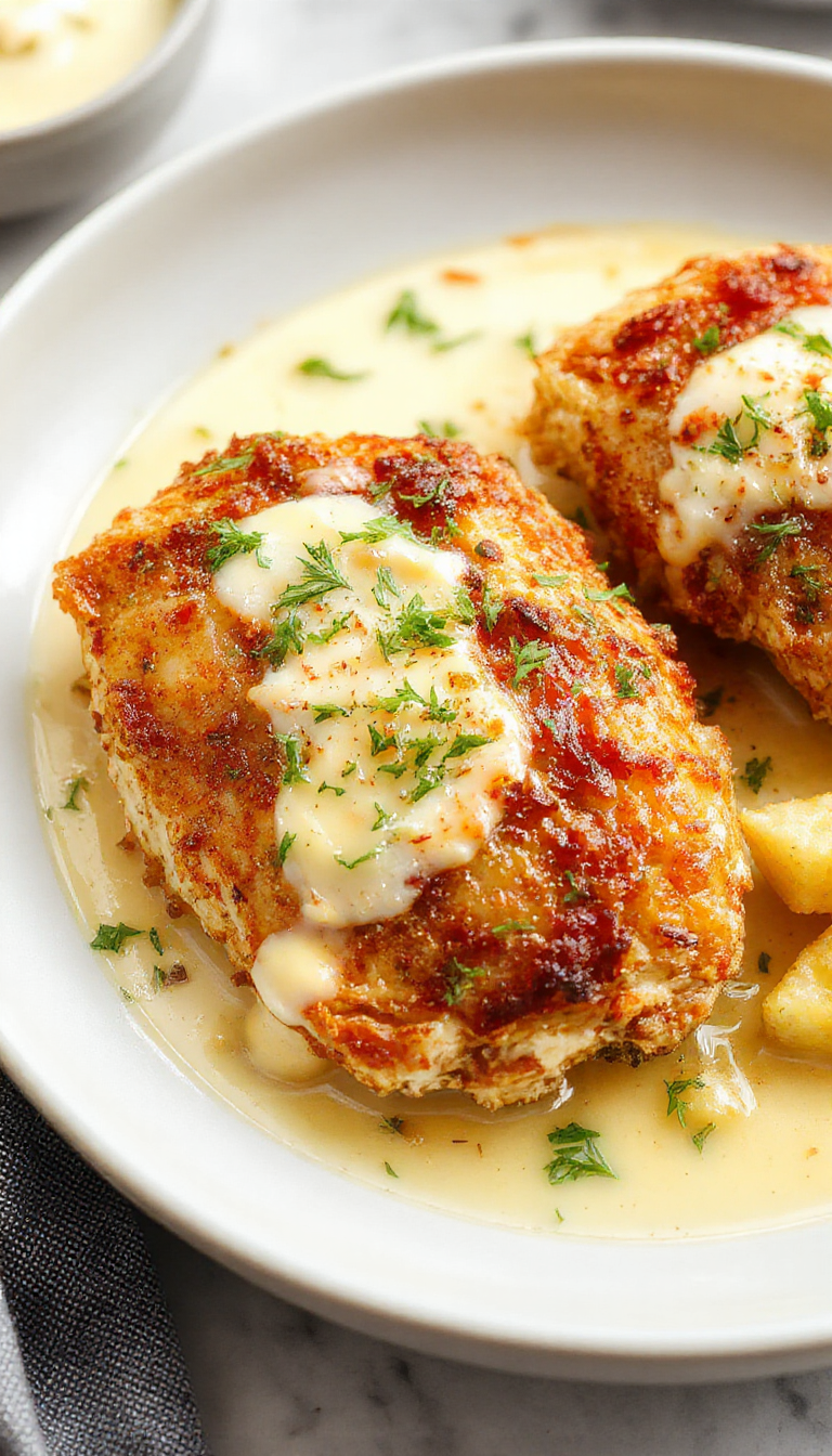A golden-brown, breaded parmesan crusted chicken breast topped with a creamy garlic sauce, served on a white plate garnished with fresh herbs. The crispy texture of the chicken contrasts with the velvety sauce, creating an inviting and appetizing presentation.