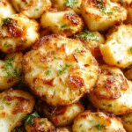 A close-up of a golden-brown crispy baked cauliflower florets arranged on a white plate, garnished with fresh herbs and a drizzle of sauce, showing a crunchy texture against a rustic wooden table background.