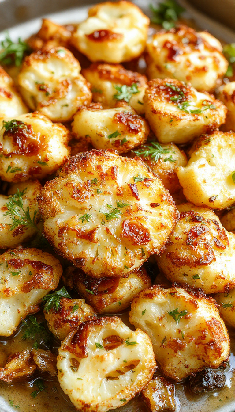 A close-up of a golden-brown crispy baked cauliflower florets arranged on a white plate, garnished with fresh herbs and a drizzle of sauce, showing a crunchy texture against a rustic wooden table background.
