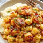 A close-up of golden-brown spicy honey chicken pieces glazed with a glossy, honey-sweetened sauce, garnished with sesame seeds and chopped green onions, served alongside creamy, cheesy mac and cheese in a rustic bowl. The chicken is crispy exterior with a hint of heat visible in the red pepper flakes, contrasting with the smooth, cheesy pasta.