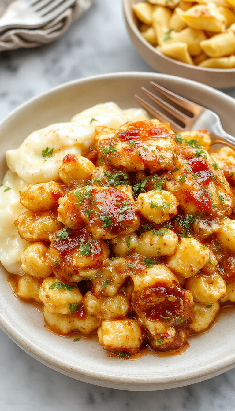 A close-up of golden-brown spicy honey chicken pieces glazed with a glossy, honey-sweetened sauce, garnished with sesame seeds and chopped green onions, served alongside creamy, cheesy mac and cheese in a rustic bowl. The chicken is crispy exterior with a hint of heat visible in the red pepper flakes, contrasting with the smooth, cheesy pasta.