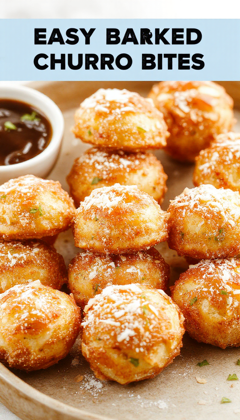 A plate of golden-brown churro bites coated in cinnamon sugar, arranged neatly on a white ceramic platter. The bites are crispy exterior with visible cinnamon granules, with a small bowl of chocolate dipping sauce beside them. The background features a rustic wooden table with a light dusting of powdered sugar and a few cinnamon sticks for decoration.