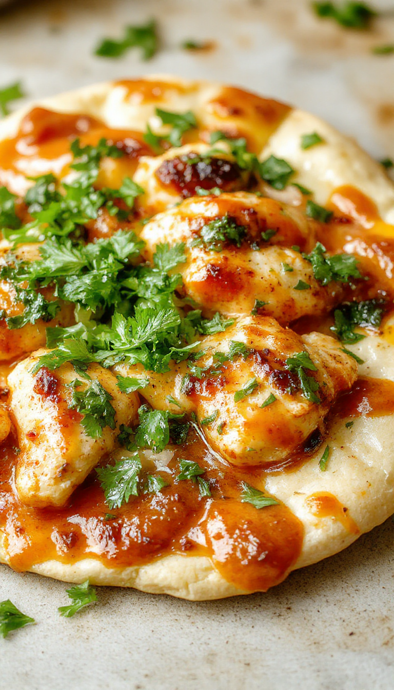 A vibrant buffalo chicken flatbread topped with shredded chicken coated in spicy buffalo sauce, melted cheese, thinly sliced green onions, and blue cheese crumbles, all arranged on a rustic wooden platter with a crispy, golden crust visible.