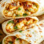 A close-up of three golden-brown cheesy chicken garlic wraps sliced open to reveal melted cheese, tender chicken pieces, and crisp lettuce inside, neatly arranged on a rustic wooden board with fresh herbs scattered around. The wraps are presented with a side of dipping sauce, highlighting their crispy exterior and gooey interior.