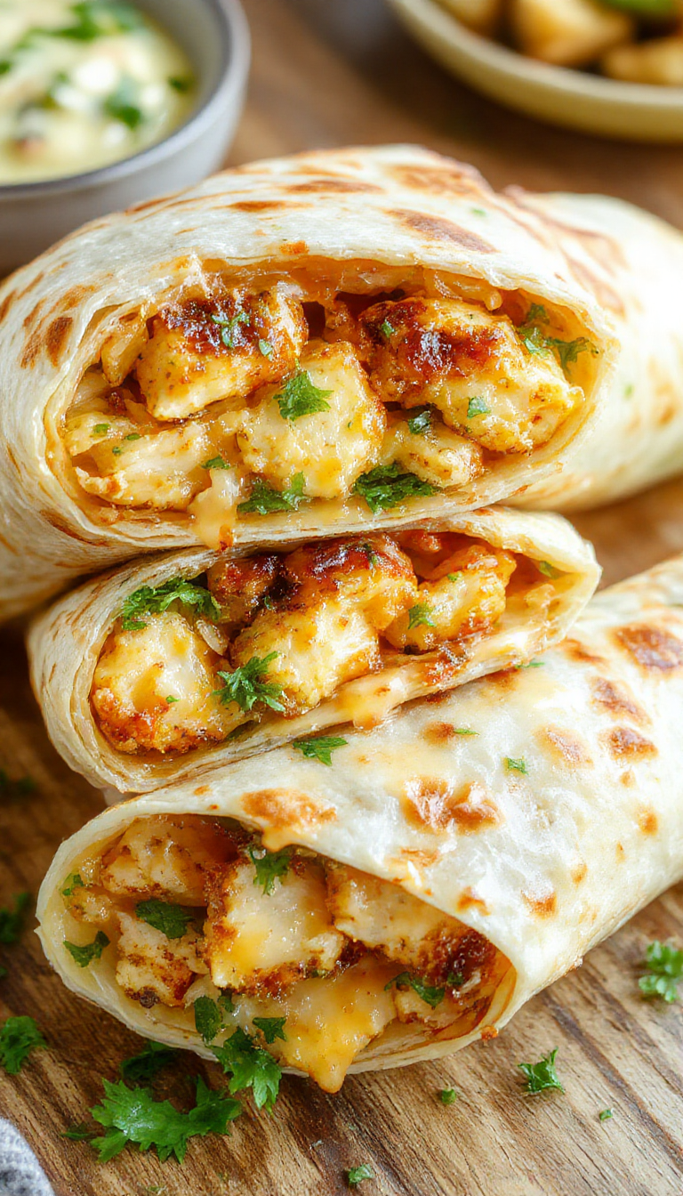 A close-up of three golden-brown cheesy chicken garlic wraps sliced open to reveal melted cheese, tender chicken pieces, and crisp lettuce inside, neatly arranged on a rustic wooden board with fresh herbs scattered around. The wraps are presented with a side of dipping sauce, highlighting their crispy exterior and gooey interior.