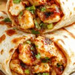 A close-up of a freshly grilled chipotle chicken burrito sliced open to reveal tender chicken, melted cheese, and fresh vegetables inside a toasted flour tortilla, garnished with a drizzle of ranch dressing and sprinkled herbs.