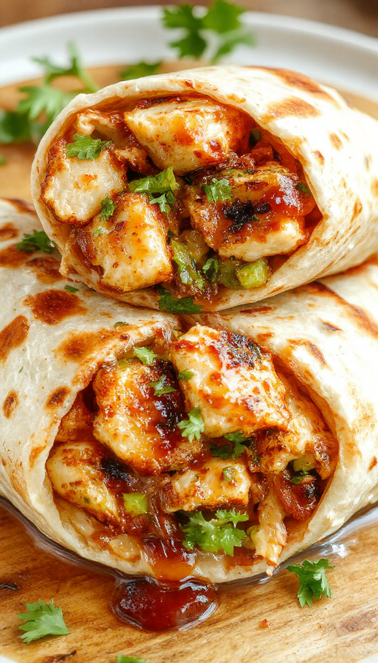 A close-up of a freshly grilled chipotle chicken burrito sliced open to reveal tender chicken, melted cheese, and fresh vegetables inside a toasted flour tortilla, garnished with a drizzle of ranch dressing and sprinkled herbs.