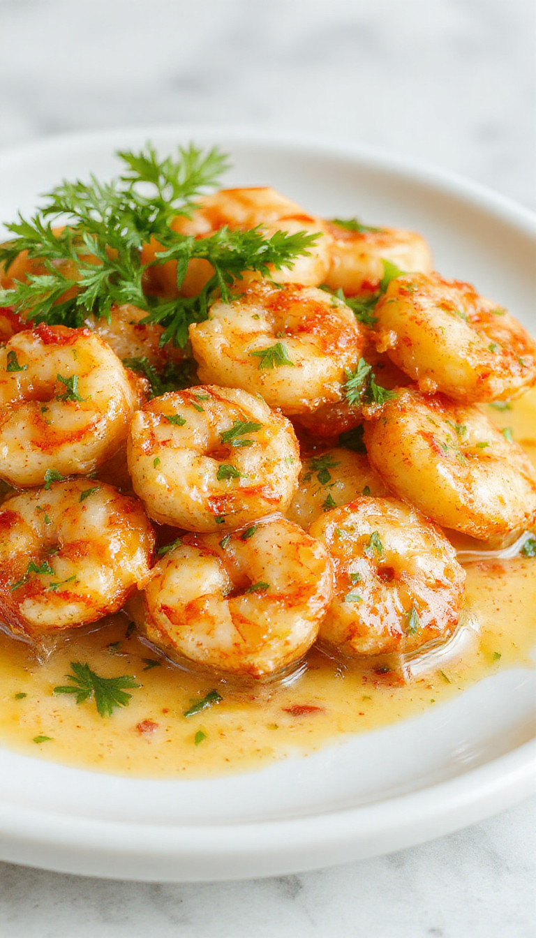 A close-up of creamy garlic shrimp served on a white plate, showcasing plump, pink shrimp coated in a rich, buttery garlic sauce. Garnished with fresh parsley, the dish is set against a rustic wooden table with lemon wedges and a sprig of herbs, highlighting the vibrant colors and creamy texture.