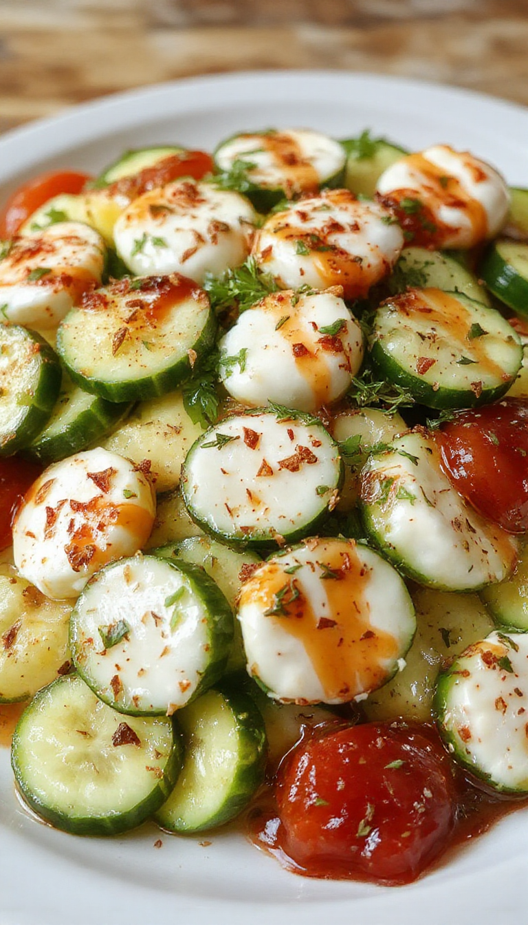 A vibrant cucumber caprese salad featuring thick slices of crisp green cucumbers, rounds of creamy white fresh mozzarella, and bright red cherry tomatoes, all arranged neatly on a white plate. Garnished with fresh basil leaves and drizzled with balsamic glaze, the dish has a fresh, colorful, and inviting appearance with a Mediterranean vibe.