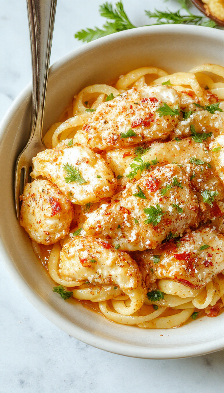 A close-up of a plate of creamy garlic parmesan chicken pasta featuring tender pasta coated in a rich, cheesy sauce with slices of golden-brown grilled chicken on top, garnished with fresh chopped parsley and grated Parmesan cheese, all beautifully plated on a white dish with a rustic wooden table background.