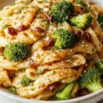 A vibrant plate of healthy broccoli pasta featuring bright green broccoli florets mixed with whole wheat pasta, topped with a sprinkle of grated cheese and fresh herbs. The dish is presented on a rustic ceramic plate with steam rising, highlighting its freshness and wholesome appeal.