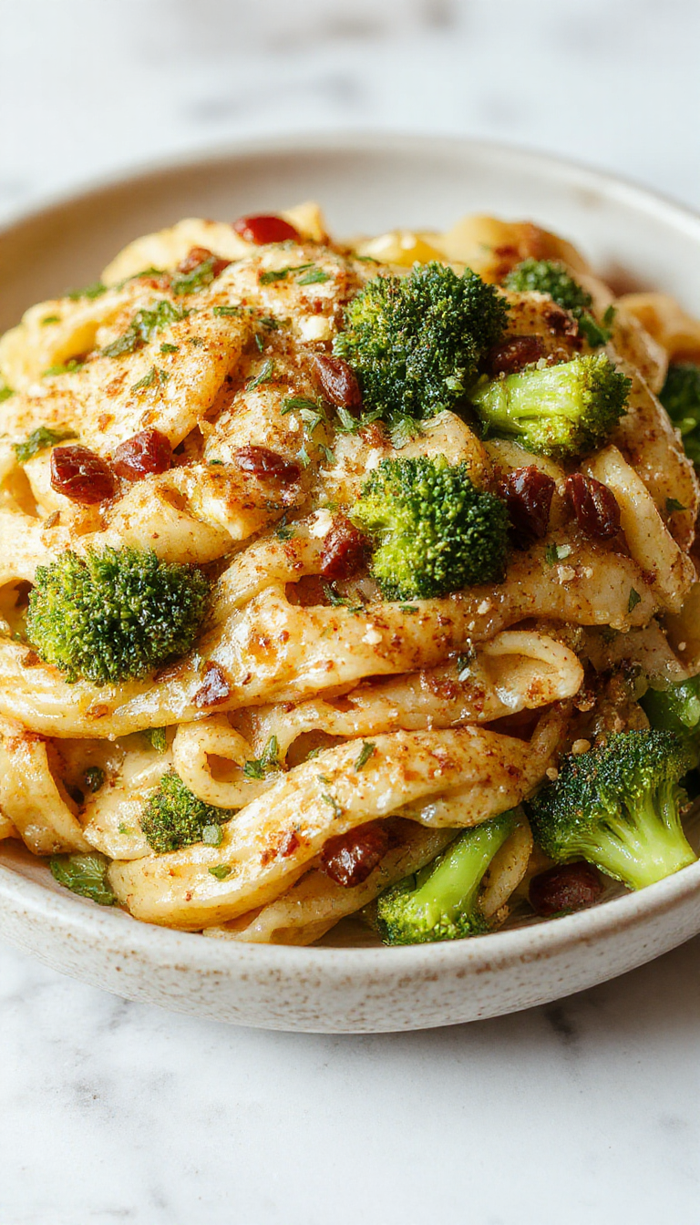 A vibrant plate of healthy broccoli pasta featuring bright green broccoli florets mixed with whole wheat pasta, topped with a sprinkle of grated cheese and fresh herbs. The dish is presented on a rustic ceramic plate with steam rising, highlighting its freshness and wholesome appeal.