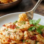 A close-up of a creamy honey pepper chicken pasta dish served on a white plate. The pasta is coated in a glossy, light-colored sauce with visible chunks of tender chicken, sprinkled with freshly ground black pepper and garnished with chopped green herbs. The background features a rustic wooden table with a fork resting beside the plate, emphasizing a warm, inviting dinner setting.