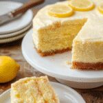 A layered lemon cheesecake cake on a white platter, topped with a smooth lemon glaze and garnished with fresh lemon slices and a sprig of mint. The cake has a golden crust, creamy yellow filling, and a glossy topping, with a clean and elegant presentation.