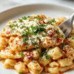 A serving of creamy Parmesan chicken pasta on a white plate, featuring tender chicken pieces, al dente pasta coated in a rich, cheesy sauce, garnished with freshly chopped parsley and grated Parmesan, with a side of bread and a glass of white wine in the background.