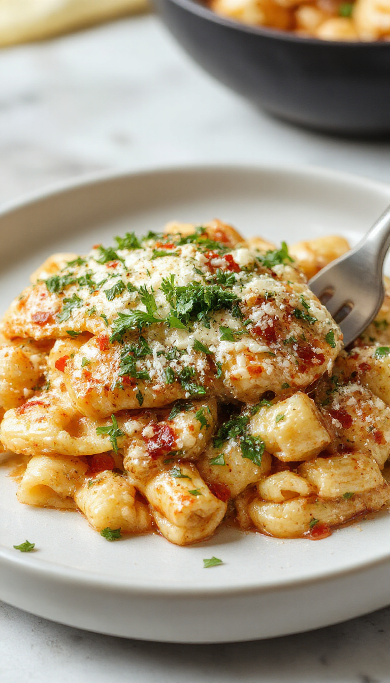 A serving of creamy Parmesan chicken pasta on a white plate, featuring tender chicken pieces, al dente pasta coated in a rich, cheesy sauce, garnished with freshly chopped parsley and grated Parmesan, with a side of bread and a glass of white wine in the background.